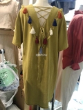 韩国代购  流苏设计 上身好看 有自己格调的宽松 棉麻连衣裙