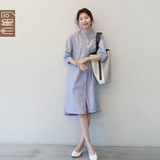 市舶司 韩国女装2016夏装新款立领条纹开叉七分袖连衣裙GC1535