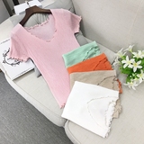 A48韩版夏季新款简约木耳边修身T恤女纯色圆领短袖打底上衣6526