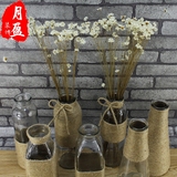 家具装饰创意小花瓶摆件透明花盆美式复古麻绳玻璃瓶花器手工艺品