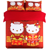 纯棉kitty猫咪婚庆四件套大红结婚床品床上用品全棉床单被套4件套