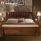 现代中式实木胡桃木高箱储物防地热真皮软靠床双人床婚床1.8米