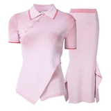 林允同款套装粉色西装领针织短袖上衣不规则开叉包臀半身裙两件套