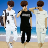 夏装男士短袖卫衣套装韩版青少年高中学生纯棉运动服潮七分裤一套