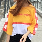 [LAZYS]韩国ulzzang夏季杂志款贴胶印花字母拼色宽松短袖tee女T恤