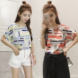 韩国夏季新款显瘦彩色几何图案卷边短袖T恤雪纺衫女韩版百搭上衣