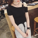 韩国版夏季紧身斜肩短袖t恤女一字领上衣性感修身显瘦露肩体恤潮