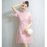 高级高端定制进口粉色短袖蕾丝连衣裙收腰显瘦2016夏季新大码B50