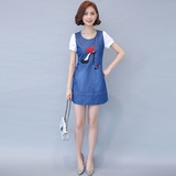 2016夏季新款韩版修身显瘦刺绣薄牛仔裙包臀圆领短袖中长款连衣裙
