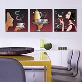 现代装饰画 餐厅 艺术画 咖啡杯 卡通人物 无框画 茶楼壁画三联画