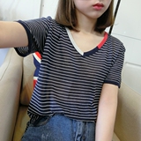 夏季韩版宽松条纹短袖冰丝针织衫女套头V领薄款T恤上衣罩衫防晒衣