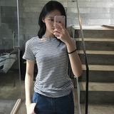 [Surblue]韩版紧身百搭领口设计横条纹学院风清新短袖T恤打底衫