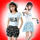 蘑菇街韩版女装小清新碎花少女连衣裙学生短裤裙子套装夏装两件套
