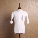 IsirHonour欧美韩版白色衬衣立体三维外星人图案印花长袖衬衫男装