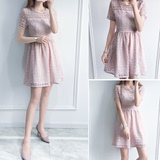 韩版2016夏装新款大码女装时尚修身粉色蕾丝短袖中长款镂空连衣裙