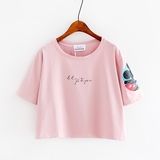 2016夏季韩版新款 印花小字母袖子米奇圆领宽松短款女上衣短袖t恤