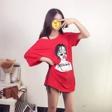 2016新款韩版宽松大码女装时尚开叉卡通印花中长款蝙蝠袖半袖T恤