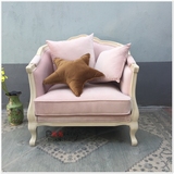 美式乡村橡木实木单人沙发椅法式复古做旧布艺粉色沙发客厅家具