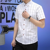 2016夏季男士短袖衬衫韩版格子修身英伦青年大码免烫常规纯棉帅气