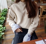 韩国官网高领加薄绒假两件套头纯色宽松条纹衬衫袖子拼接卫衣 女
