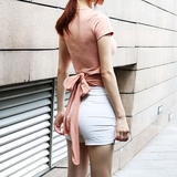 韩版修身短袖上衣蝴蝶结系带T恤性感露背圆领弹力打底衫女装夏