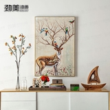 劲美欧美式客餐厅书房卧室有框装饰挂画动物麋鹿与鸟手绘油画定制