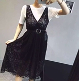 2016夏装 韩国东大门针织短袖T恤V领蕾丝背心连衣裙两件套配腰带