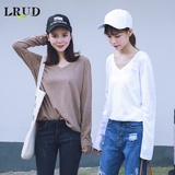 LRUD2016秋季新款韩版V领宽松长袖白色T恤女套头简约纯色打底衫