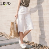 LRUD2016夏季新款韩版宽松割破牛仔裤女高腰毛边直筒百搭七分裤