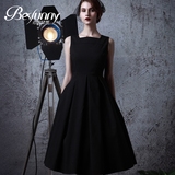 Besfunny2016新款欧美复古修身黑色方领赫本连衣裙小黑裙大摆长裙