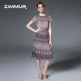 ZIMMUR2016夏季新款女装圆领短袖气质修身时尚雪纺印花连衣裙长裙