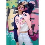 MUNAN慕南家 刺绣棒球服女 秋韩版休闲运动潮夹克 薄款粉色短外套
