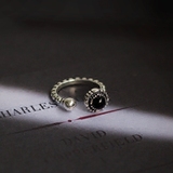 chiclife925纯银韩国个性黑玛瑙开口戒指不对称复古指环女防过敏