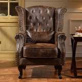 高端美式复古做旧皮艺单人沙发椅欧式客厅办公会所真皮老虎椅现货