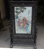 景德镇陶瓷瓷板画名家手绘仿古粉彩人物三星高照小屏风实木框