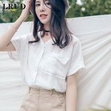LRUD2016夏季新款韩版立领格子短袖衬衫女宽松显瘦休闲口袋衬衣