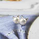 S925纯银珍珠耳钉 亮面镶嵌天然珍珠甜美可爱猫咪耳饰耳环女礼物