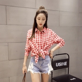 韩版2016新女装宽松经典格子防晒翻领长袖衬衫女衬衣上衣