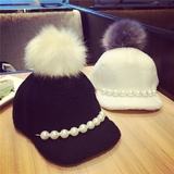 韩国女羊羔绒棒球帽优雅甜美珍珠毛绒球球鸭舌帽韩版潮帽子保暖