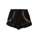 波西米亚民族风 彩色刺绣飘逸抽绳褶皱短裤 裙裤