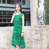 16夏郑秀晶古力娜扎明星同款镂空绣花连衣裙气质时尚修身绿色长裙