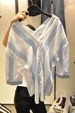 韩国东大门 竖条纹衬衫女 2016夏装新款韩版宽松V领七分袖衬衣