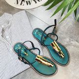 凉鞋女夏季新品 韩版T型绑带性感金属扣夹脚平底罗马鞋子黑色绿色