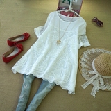 超仙公主范夏装新款白衬衣 森女蕾丝拼接衬衫 女装韩版棉麻娃娃衫