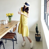 部分现货 韩国代购 幸福像花儿一样抹胸宽肩带黄色长裙连衣裙