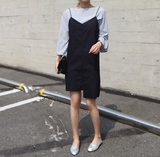 2016夏装韩国chic 不规则吊带连衣裙短裙+蓝条纹衬衫女套装好质量
