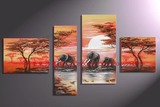 包邮手绘油画壁画沙发背景墙装饰画无框画四联简约客厅/大象之旅