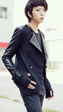 非主流2015秋季新款韩版修身小西装皮领撞色休闲潮男西服外套黑色