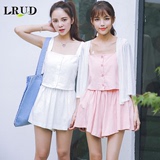 LRUD2016夏季新款韩版糖果色修身吊带两件套女松紧腰阔腿短裤套装