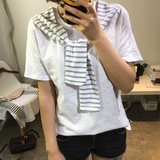 韩国东大门代购夏季海军风拼接条纹围巾领假两件竹节棉短袖T恤女
